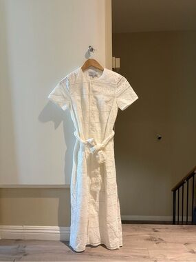 Cartolina Elegant White Midi Dress with eyelets, Tie Waist,cute flower buttons